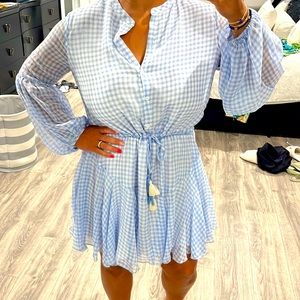 Blue tie waist checkered dress